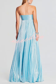 Metallic Sexy Tube Top Pleated High Slit Maxi Dress