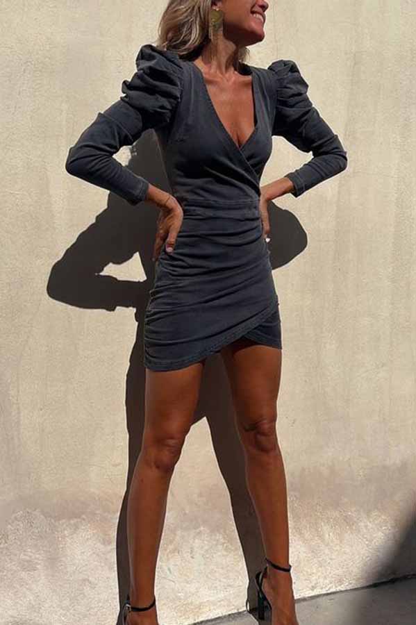 All The Best Denim Puff Sleeve Ruched Stretch Mini Dress