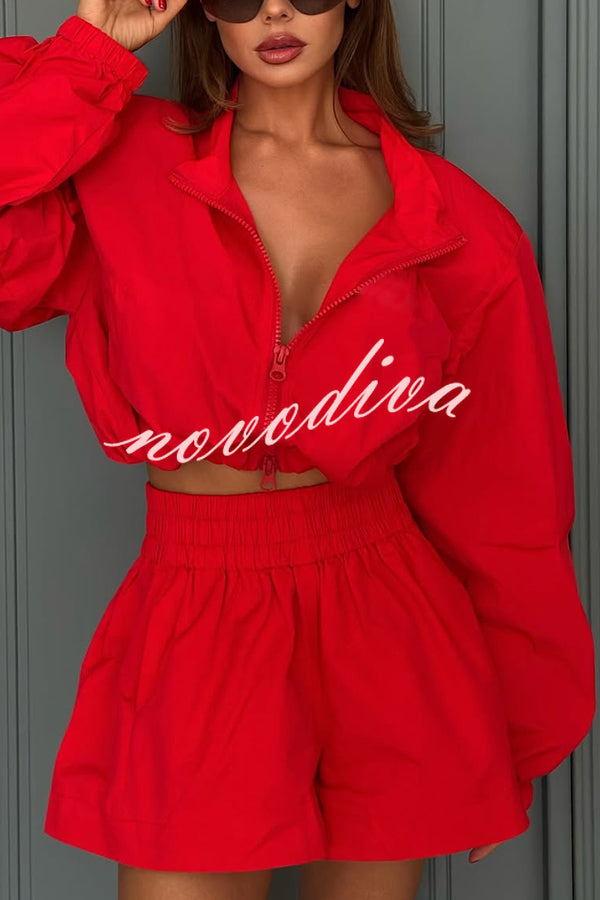 Solid Color Lapel Long-sleeved Loose Zipper Jacket and Elastic Waist Casual Shorts Set
