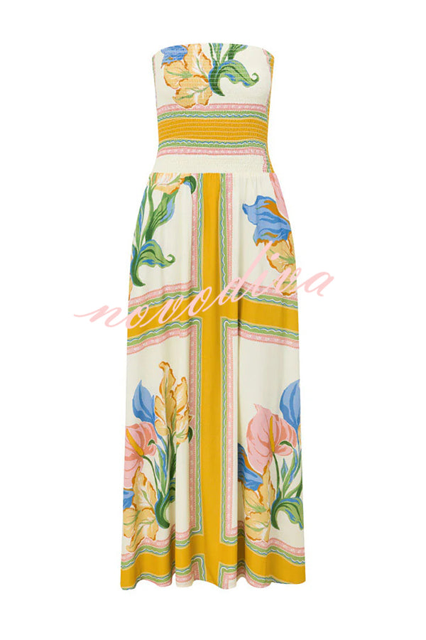 Linen Blend Unique Print Off-The-Shoulder Pleated Resort Maxi Dress