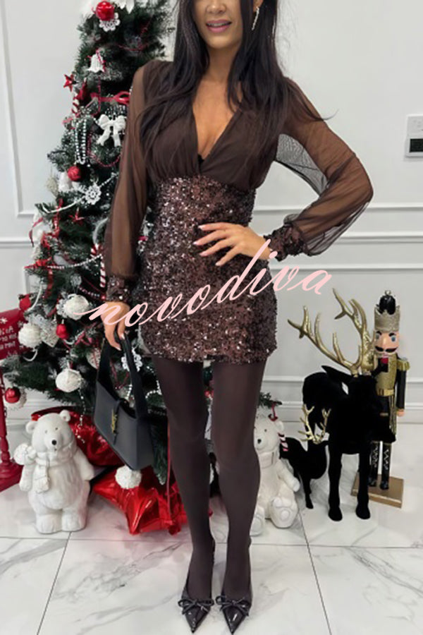 Whisper and Wine Sheer Tulle Sequin Patchwork V-neck Long Sleeve Mini Dress