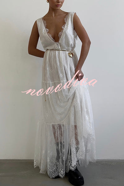 Fashionable Sheer Lace V-neck Backless Elegant Maxi Dress