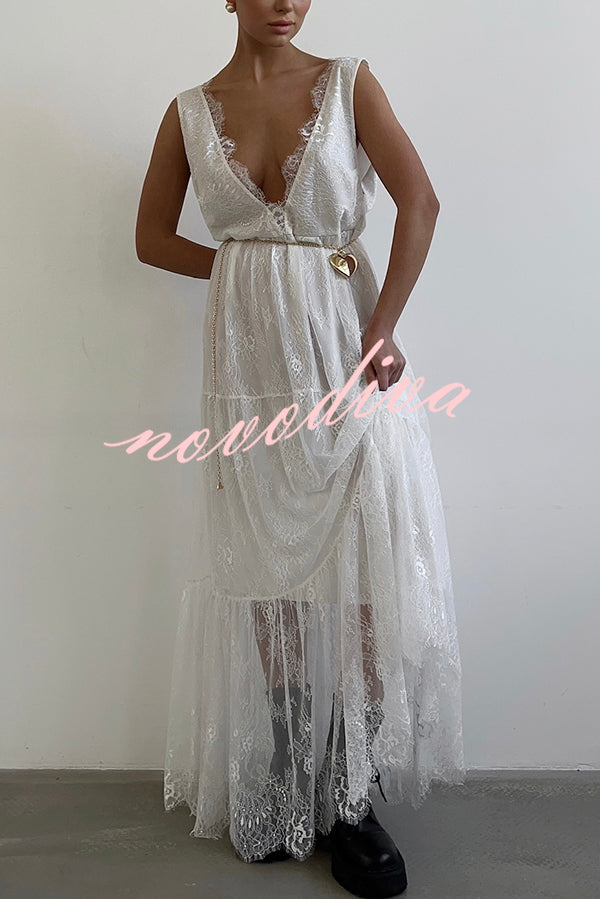 Fashionable Sheer Lace V-neck Backless Elegant Maxi Dress