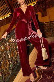 Love One Another Velvet Bow Belted Pocket Cutout Back Loose Jumpsuit