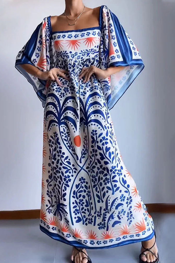 Resort Style Ethnic Print Square Neck Bell Sleeve Loose Maxi Dress