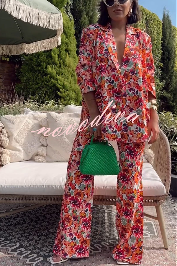 Full of Energy Flower Print Lapel Blazer and Elastic Waist Pocket Pleated Side Hem Pants Set