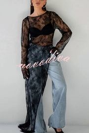 Sexy Openwork Lace Long-sleeved Asymmetrical Casual Top