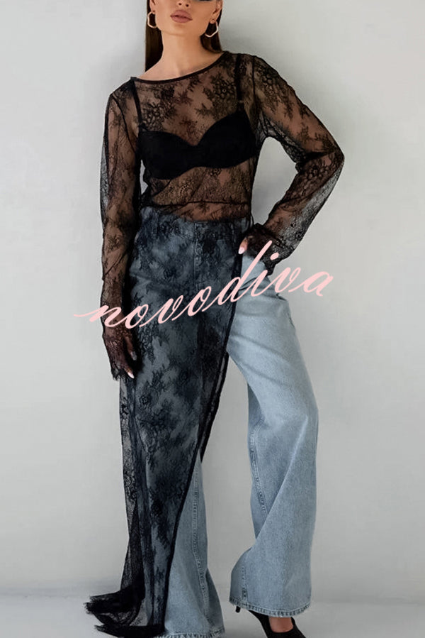 Sexy Openwork Lace Long-sleeved Asymmetrical Casual Top
