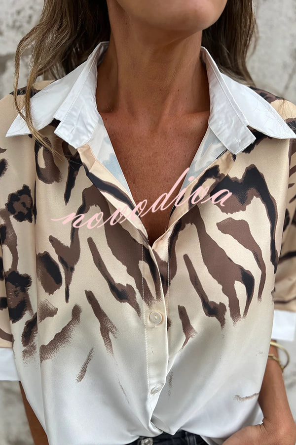 Classic Wild Satin Gradient Leopard Print Loose Short-sleeved Blouse