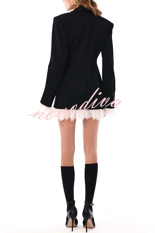 Cue The Chic Lace Trim Button Long Sleeve Lapel Blazer Mini Dress