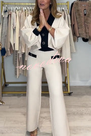 Fashion Contrast Color V-neck Loose Cardigan and Elastic Waist Casual Pants Set