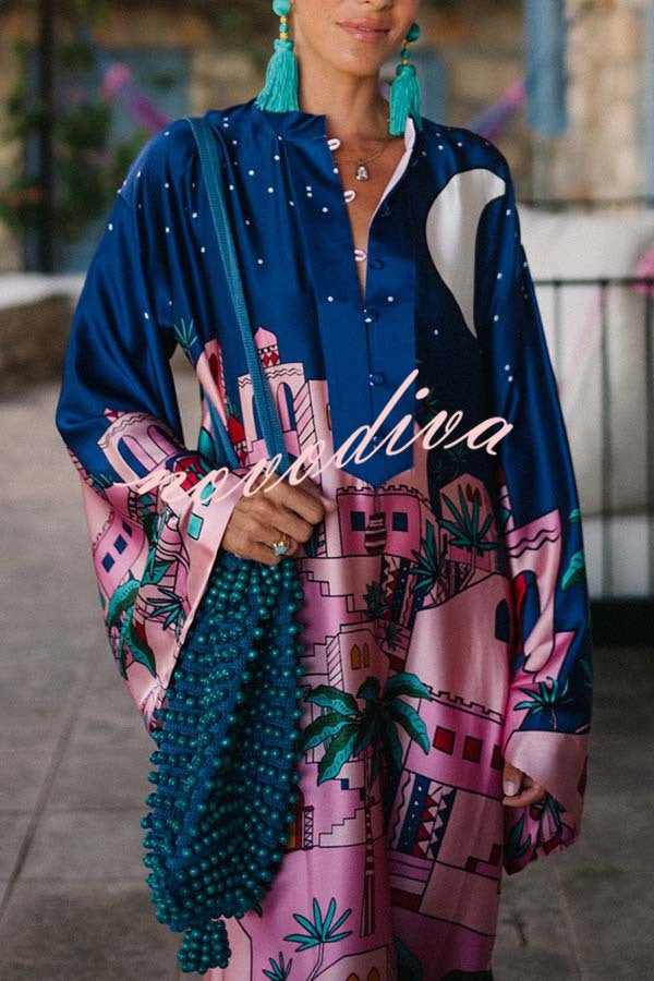 Seaside Stroll Satin Unique Print Button Up Long Sleeve Slit Kaftan Midi Dress