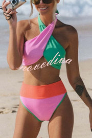 Summer Brights Ribbed Color Block Cross Halter Neck High Rise Bikini Swimsuit