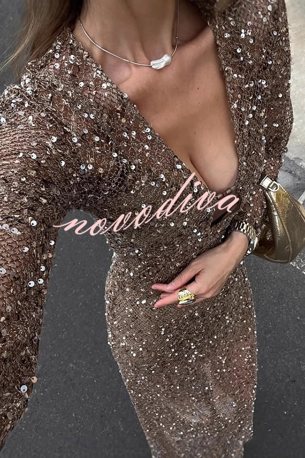 Fashion Sequined Hollow V-neck Long-sleeved Holiday Midi Dress