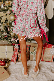 Christmas Dreaming Satin Santa Print Velvet Trim Elastic Waist Pocketed Pajama Shorts Set