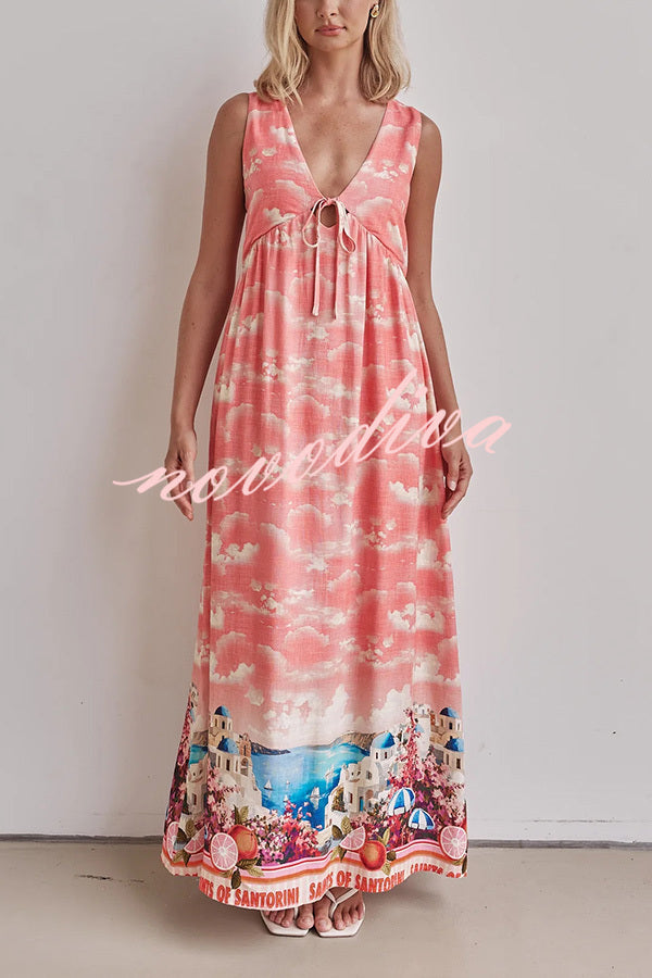 Resort Style Unique Printed Sleeveless V-neck Casual Maxi Dress