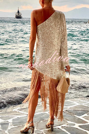 Anika Sequin One Shoulder Sleeve Tassel Hem H-line Midi Dress