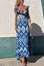 Coastal Canvas Ethnic Print Smocked Bust Ruffle Neck Maxi Dress