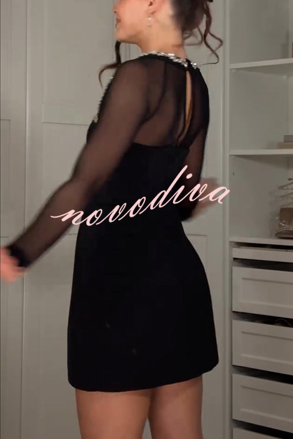 Emmey Jewel Embellished Trim Square-Neck Mesh Long Sleeve Mini Dress