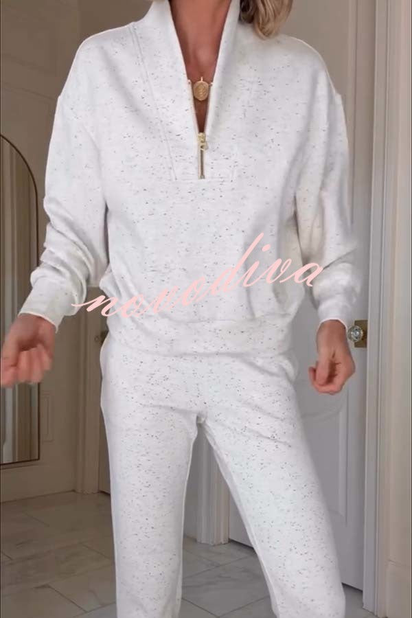 Ivory Marl Fleck Half-Zip Neck Long Sleeve Sweatshirt and Elastic Waist Pocket Jogger Set
