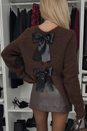 Unique Choice Knit Back Satin Bow Detail Relaxed Sweater