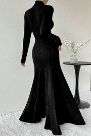 Solid Color High-neck Long-sleeved Slim-fit Fishtail Elegant Maxi Dress
