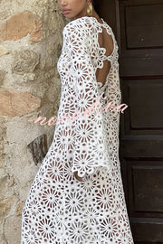 Island Break Crochet Flower Pattern Long Sleeve Backless Vacation Maxi Dress