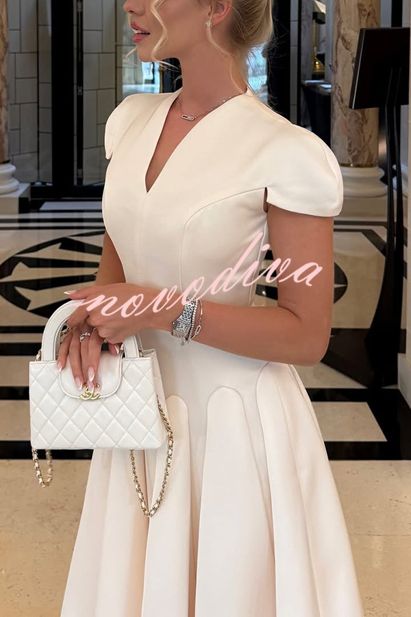 Solid Color V-neck Waist Elegant Full Hem Maxi Dress