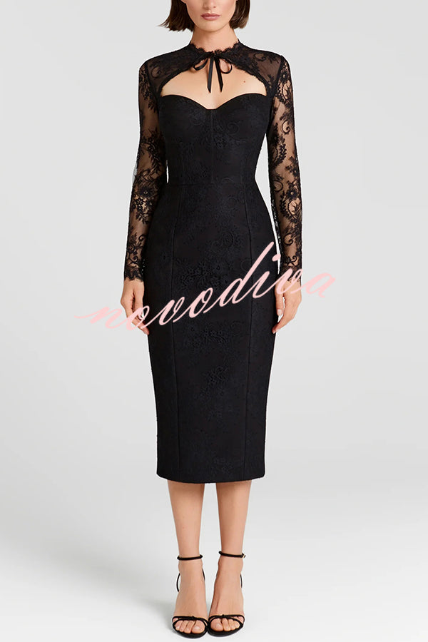 Mylene Lace Corset Cut Sweetheart Tie-up Neck Sheer Long Sleeve Slit Midi Dress