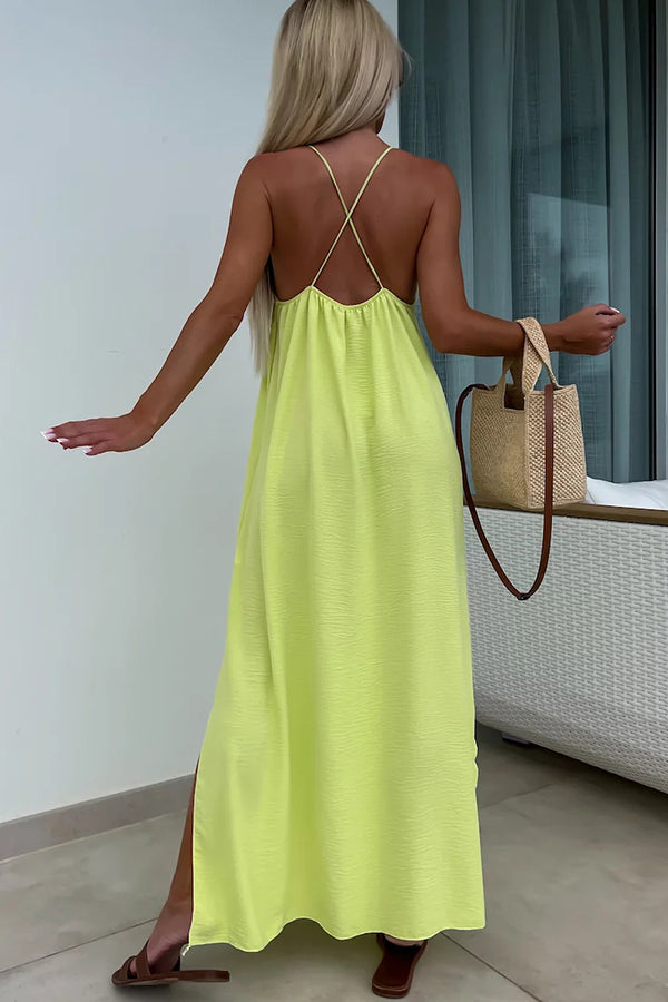 Solid Color Resort Style Spaghetti Strap Backless Maxi Dress