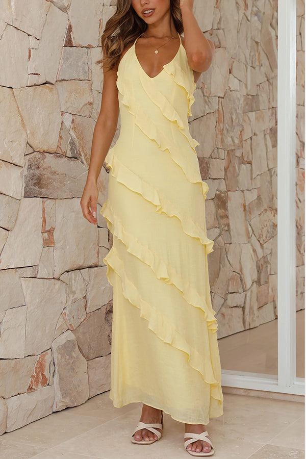 Radiant As Always Ruffle Detail Halter Neck Maxi Dress