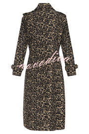 Leopard Affair Animal Print Epaulettes Long Sleeve Pocketed Lapel Midi Trench Coat