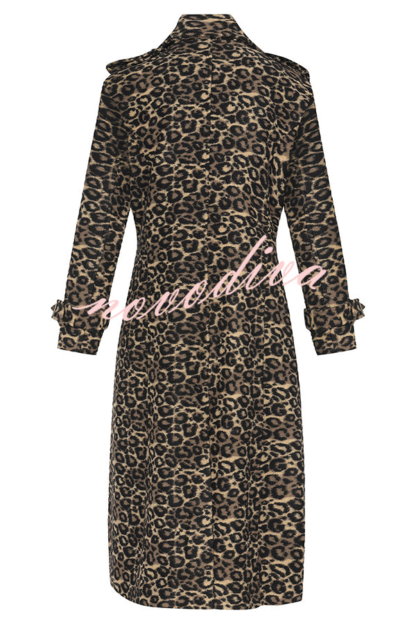 Leopard Affair Animal Print Epaulettes Long Sleeve Pocketed Lapel Midi Trench Coat