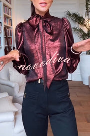 Ariella Metallic Satin Fabric Tie-up Bow Neck Long Sleeve Blouse