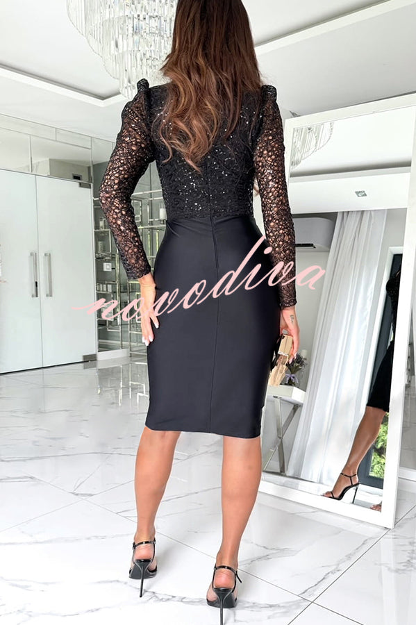 Shining Self Texture Sequin Patchwork Long Sleeve Ruched Stretch Midi Dress