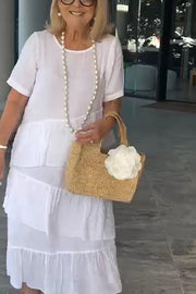 Linen Blend Solid Color Round Neck Casual Loose Midi Dress