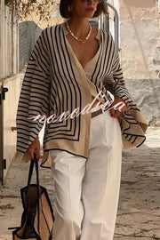 Comfortable and Effortless Striped Long Slit Sleeve Button Relaxed Loose Blouse