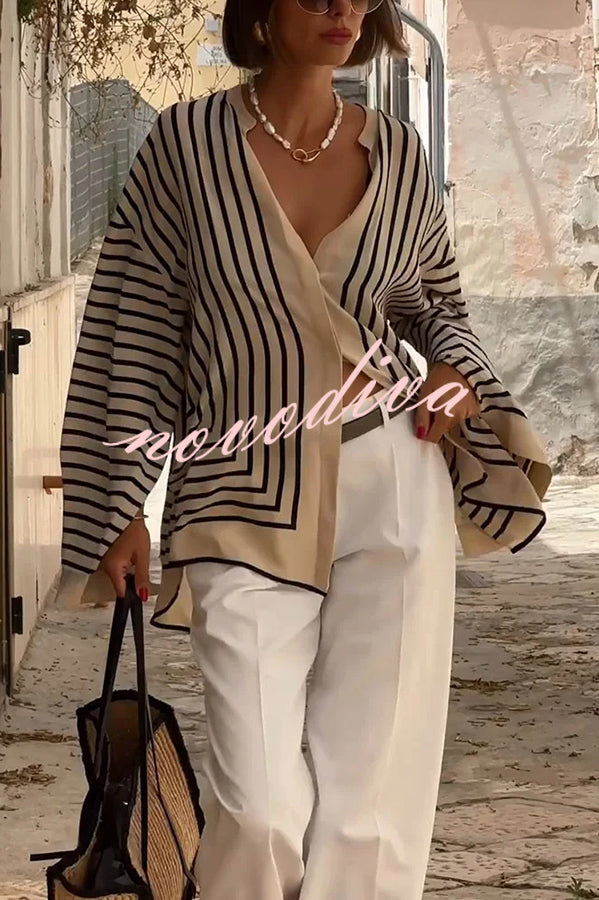 Comfortable and Effortless Striped Long Slit Sleeve Button Relaxed Loose Blouse