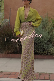 Moonlit Waltz Knit Jacquard Zigzag Print High Rise Stretch Flare Maxi Skirt