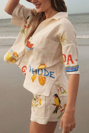 Hello Summer Linen Blend Hand-painted Print Blouse and Elastic Waist Pocketed Shorts Set