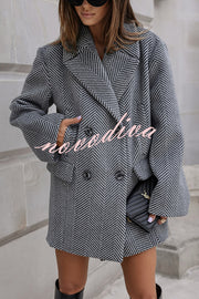 Fashion Stripe Print Lapel Pocket Coat