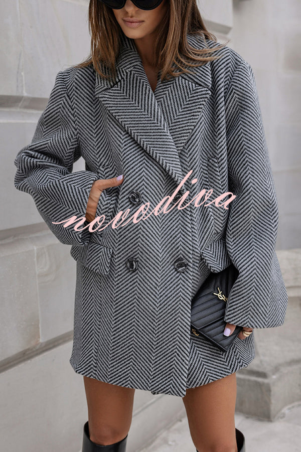 Fashion Stripe Print Lapel Pocket Coat