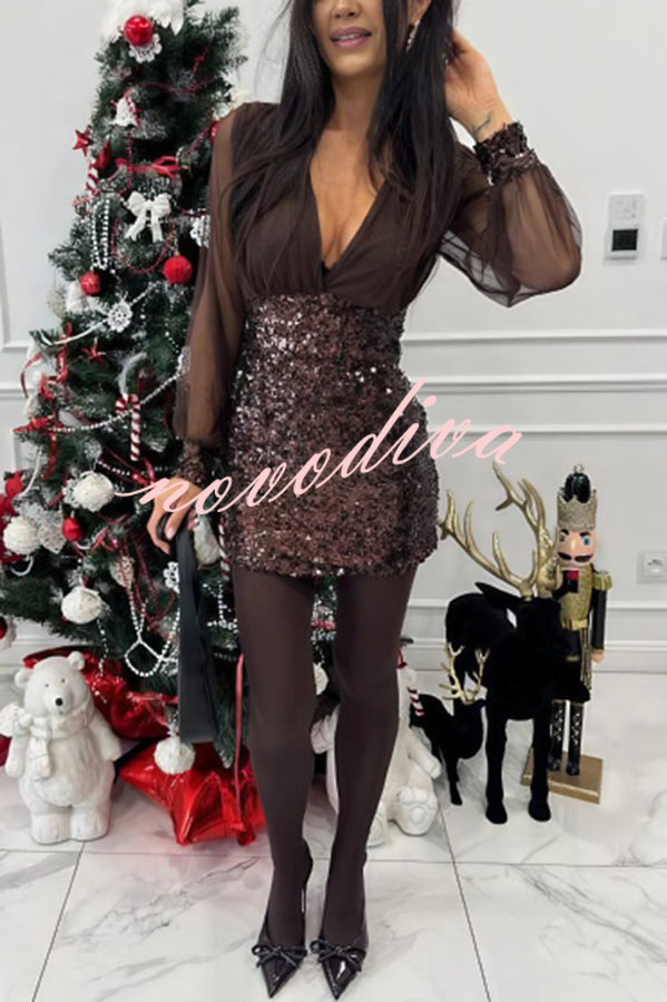 Whisper and Wine Sheer Tulle Sequin Patchwork V-neck Long Sleeve Mini Dress