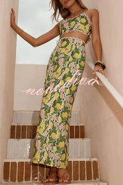 Linen Blend Summer Fruit Print Camisole Top and Elegant Lace Back Slit Maxi Skirt Set