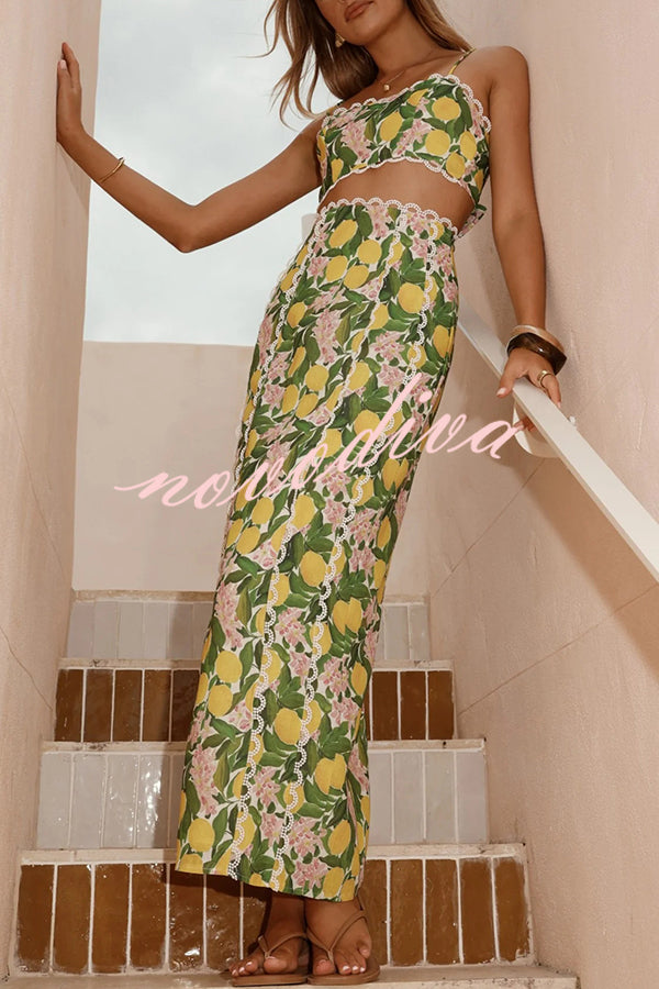 Linen Blend Summer Fruit Print Camisole Top and Elegant Lace Back Slit Maxi Skirt Set