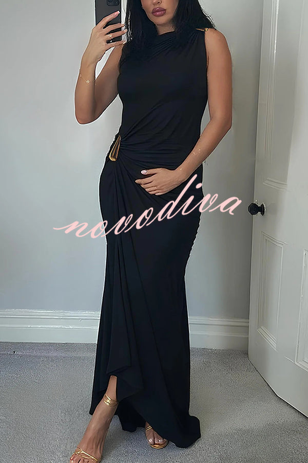 Fashionable Metallic Embellishments Pleated Sleeveless Slim-fit Maxi Dress