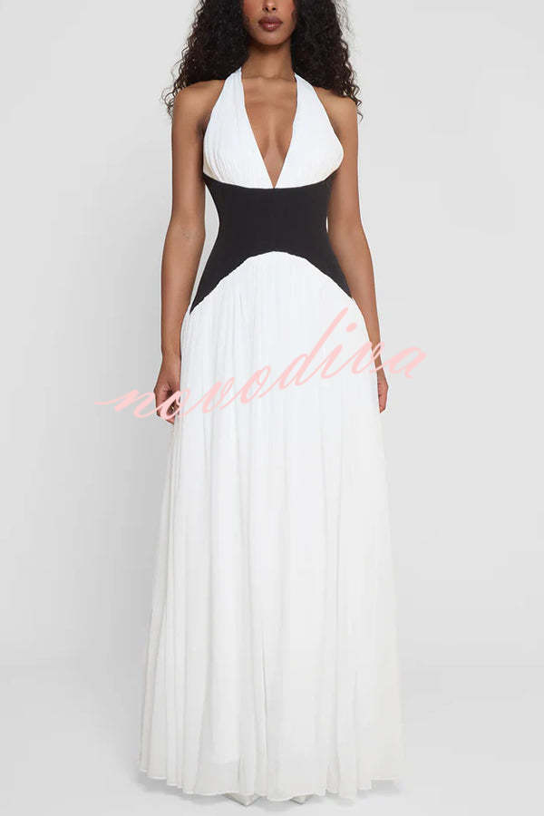 Fashionable Color Matching Sexy Halter Neck Waist Maxi Dress