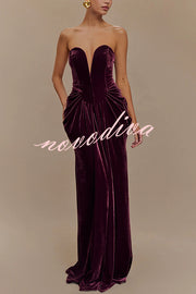 Paige Velvet Off Shoulder Side Pleated Hip Drape Maxi Dress