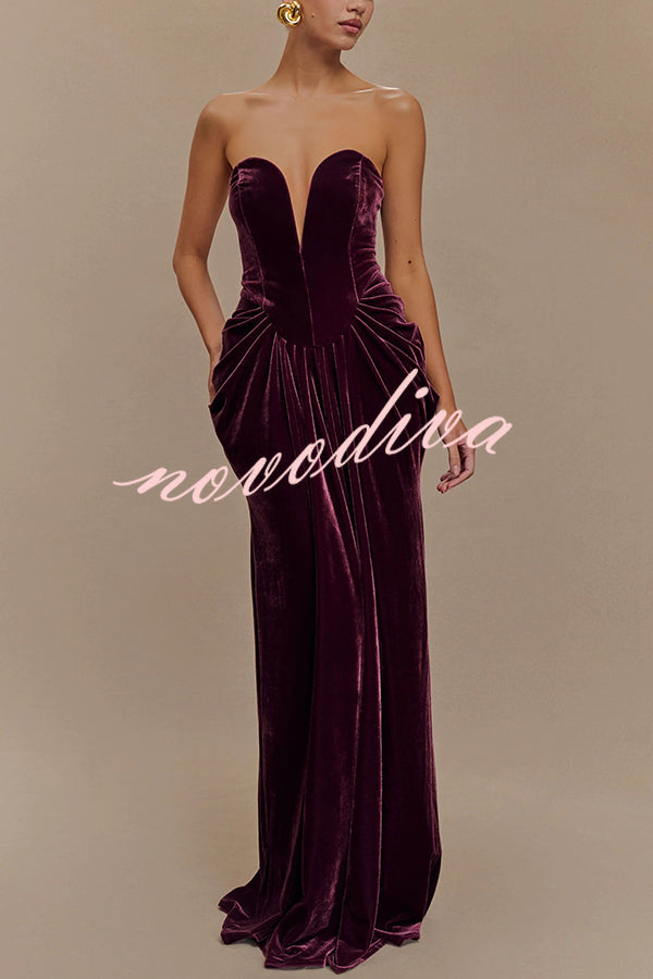 Paige Velvet Off Shoulder Side Pleated Hip Drape Maxi Dress
