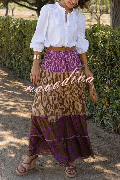 Resort Style Unique Print Elastic Waist Loose Stitching Maxi Skirt